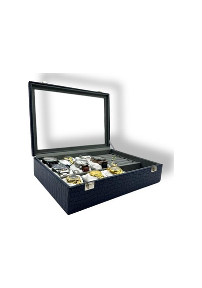 Richbox 9'lu Saat Kombin Bilezik Bileklik Yüzük Broş Kol Düğmesi Takı Saat Kutusu Mango Lacivert Kroko