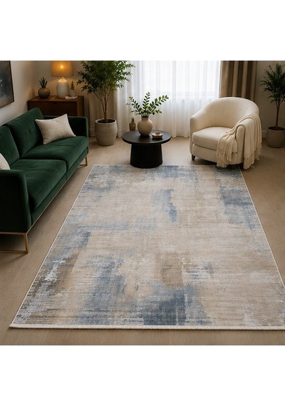 Otantik Modern Eskitme Saçaklı Dokuma Salon Halısı Krem Mavi Vizon 200x290 Cm 11