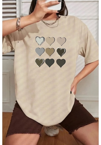 Unisex Kalp Baskılı Tasarım Tshirt Bej