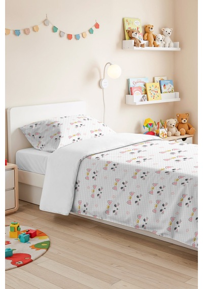 Evimde Bambaşka Kedi Beyaz Kız Çocuk Pike Takımı - Sevimli Minimal Pembe Altın Bebek Odası Yatak Örtüsü - 160x220  CM