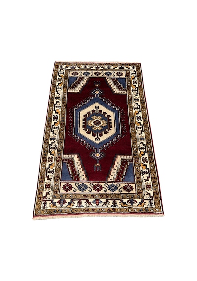 El Dokuma %100 Yün Yahyalı Halısı 100x157 Bordo Mavi Kök Boya Bordo