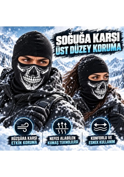 Womanandkids Wak Unisex Kurukafa Desenli Balaklava Kışlık Tam Yüz Maske Nefes Alan Esnek Kask Altı Boyunluk Siyah Set