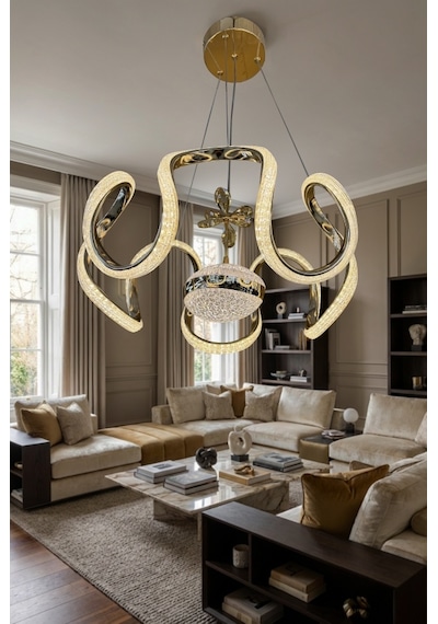 Eliza Tek Top Simli Modern Sarkıt Oturma & Salon Led Avizesi Gold