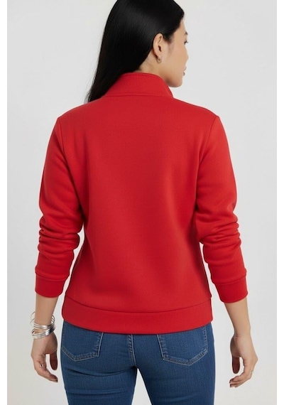 Afri Kadın 3 İplik Şardonlu Yarım Fermuarlı Kırmızı Sweatshirt İçi Pamuklu Kalın Kumaş, Tam Kalıp Rahat Model Kırmızı
