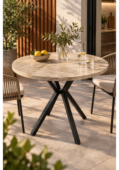 Sulorahome 90 Cm Yuvarlak Mutfak Masası - Traverten Desenli Modern Metal Ayaklı