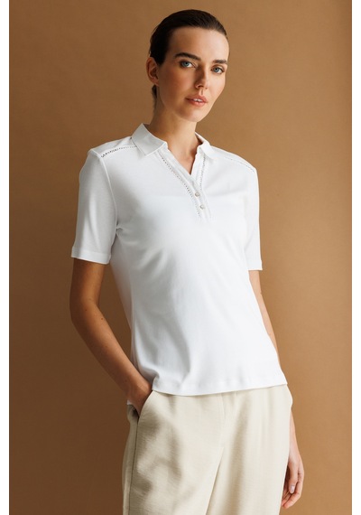 Kadın Polo Yaka İğne İşlemeli Pamuklu Penye T-shirt Ekru Ekru