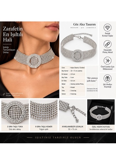 Valmont Kristal Taşlı 32+11 Cm Choker Işıltılı Şık Kadın 9 Sıra Su Yolu Tasma Kolye Gümüş