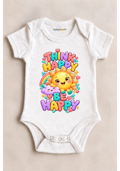 Babylimon Thınk Happy Be Happy Beyaz Kısa Kollu Çıtçıtlı Bebek Zıbını Beyaz - 930083819 Beyaz