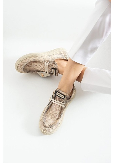 Dericia Shoes Rush Hakiki Deri Rahat Dantel Detaylı Tüllü Kadın Sneaker Bej