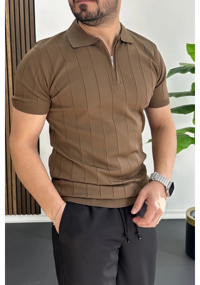 Erkek Slim Fit Fermuarlı Polo Yaka Tişört Açık Kahve Edw452 Kahverengi