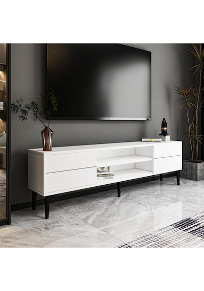Aragon Modern Tv Sehpası 140 Cm, 2 Kapaklı + 2 Açık Raflı Tv Ünitesi - Beyaz