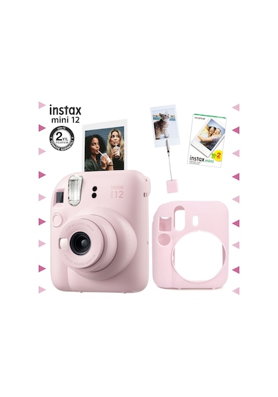 Fujifilm Instax Mini 12 Fotoğraf Makinesi + 20'li Film + Kıskaçlı Resim Standı + Silikon Kılıf Seti Pembe