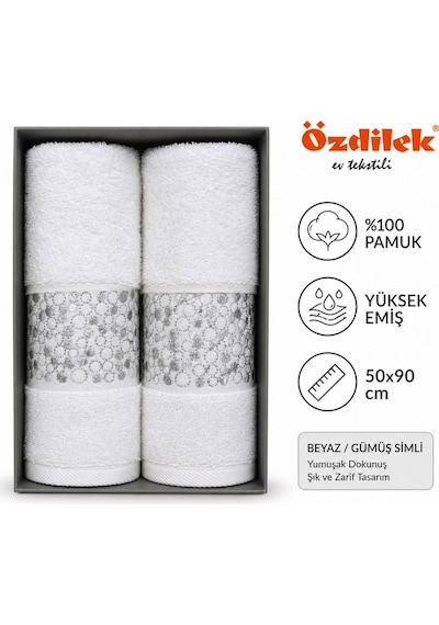 Özdilek Daniela Beyaz 2li Havlu Kutulu Nakışlı-gümüş Simli