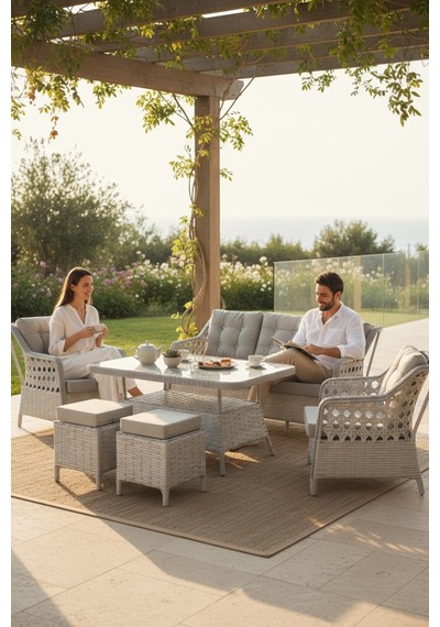 Sun Patio Helena Gümüş Gri Alüminyum 3+1+1 Bahçe & Balkon Takımı