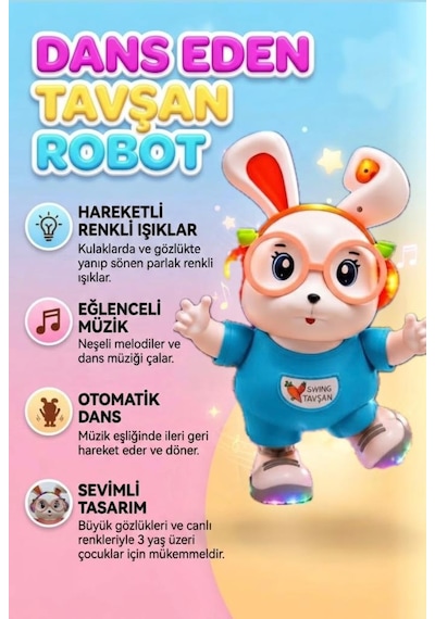 Dans Eden Sevimli Tavşan Elleri Ve Ayakları Haraketli 18 Cm Işıklı Sesli Eğitici Oyuncak Tavşan Turkuaz