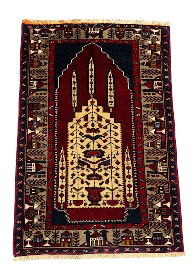 El Dokuma Sıfır Adana Yörük Halısı 100x150 Krem Kırmızı %100 Kök Boya Yün Halı