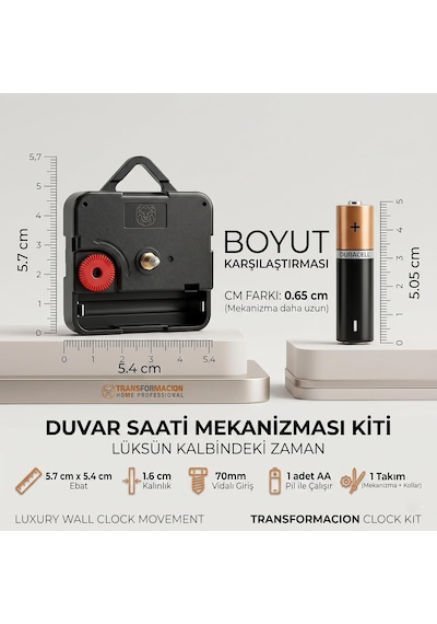 Sessiz Akar Duvar Saati Mekanizması, Akrep Yelkovan Seti, 5.7x5.4 Cm, Pil İle Çalışır