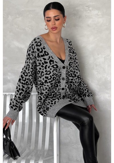 Femelle Kadın Gri Leopar Desen Oversize Triko Hırka