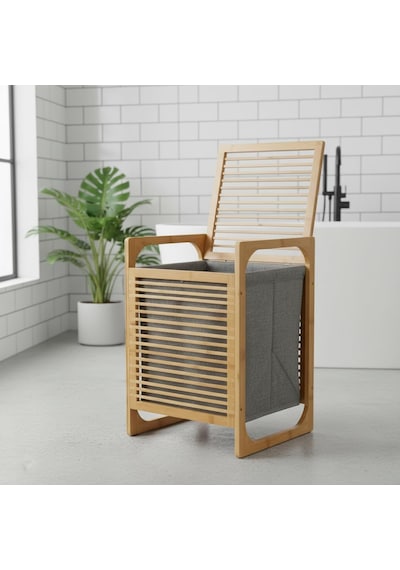 Deconox Doğal Bambu Çamaşır Sepeti 40x35x60 Cm - İçi Bezli, Kapaklı Ve Hasır Kulplu Ahşap Kirli Sepeti Diğer