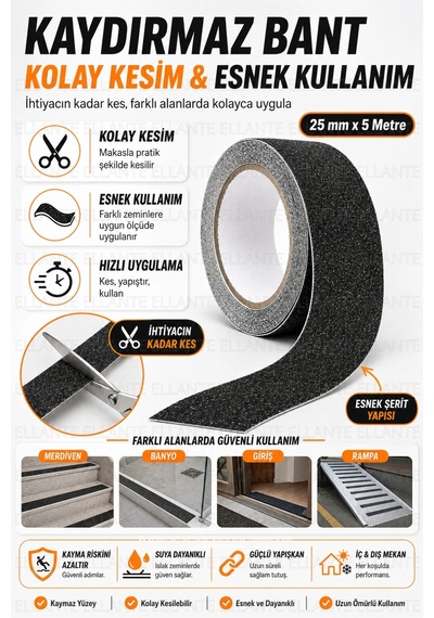 Kaydırmaz Bant 25 Mm X 5 Metre, Pütürlü Yüzeyli Güçlü Yapışkanlı Merdiven Banyo Rampa Zemin Güvenlik
