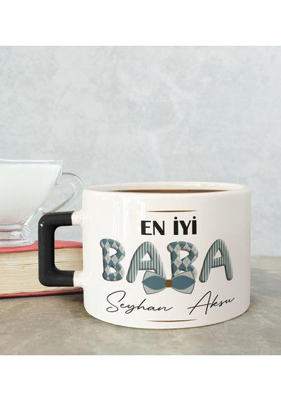 Bk Gift Kişiye Özel Babalar Günü Tasarımlı Siyah Kulplu Çay & Kahve Fincanı-11, Babaya Hediye, Babalar Günü Hediyesi