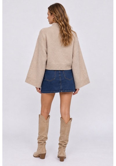 Neden Tekstil Kadın Premium Yarasa Geniş Kol Crop Triko Kazak - Taupe