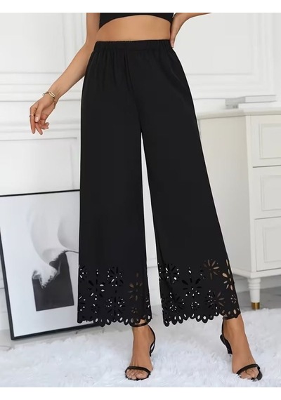 Efnaz Style Kadın Yüksel Bel Beli Lastıklı Çiçek Desenli Lazer Kesım Detaylı Ithal Krep Pantolon siyah