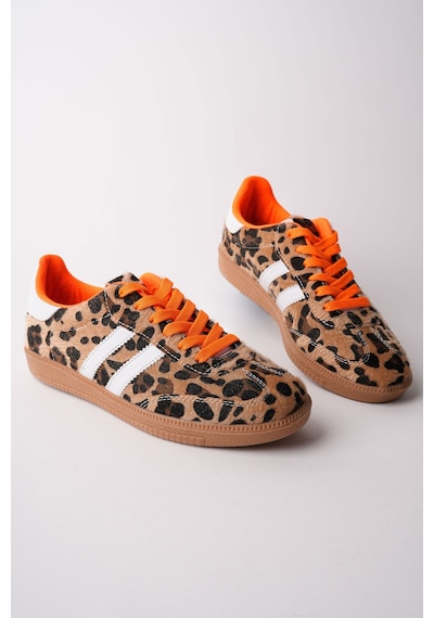 Muggo Taupe Çift Bağcıklı Günlük Kadın Sneaker Spor Ayakkabı Leopar