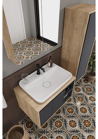 Lale 70 Cm Set %100 Mdf Lavabolu Banyo Dolabı + Aynalı Dolap + Boy Dolabı Antrasit