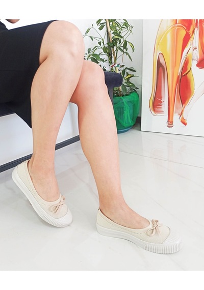 Bej Renk Triko Anatomik Taban Fiyonklu Kadın Babet Ayakkabı 001