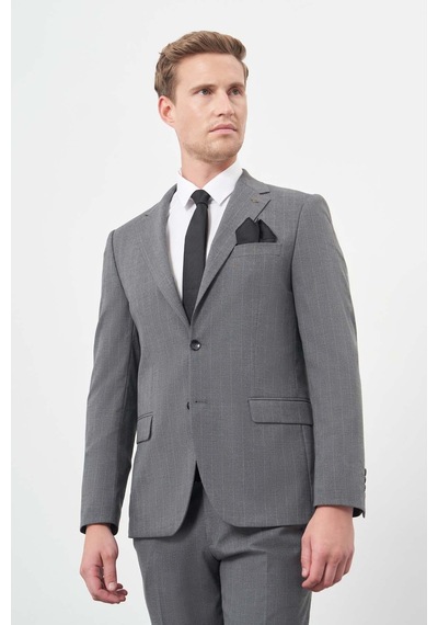 İmza Füme Çizgili Mono Yaka Astarlı 6 Drop Slim Fit Dar Kesim Takım Elbise 1001245102 Füme