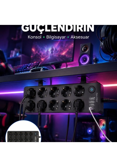 Usb Ve Type-c Çıkışlı 10'lu Akım Korumalı Çoklu Priz Güç Dağıtıcı Diğer