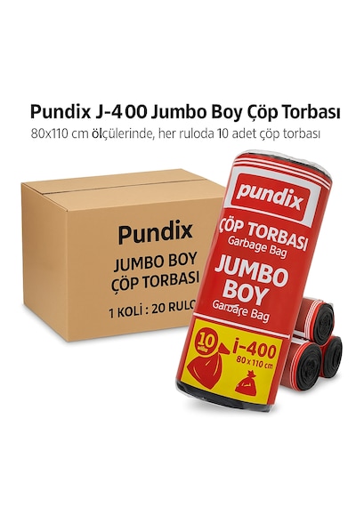 Pundix Pundıx J400 Endüstriyel Çöp Poşeti 80x110 Cm Siyah Jumbo Boy Kalın Seri 1 Koli 20 Rulo / 200 Adet Dayanıklı, Sızdırmaz Ve Geniş Hacimli Çöp Torbası