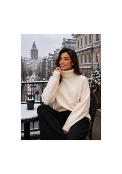 Hira Life Fashion Sfg Life Moda Kadın Balıkçı Yaka Tüylü Şardonlu Oversize Kazak Bej Bej