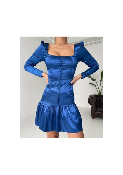 Munora Butik Önü Düğmeli Saten Mavi Elbise Mavi Mavi