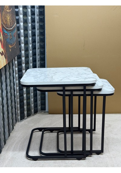 3 Lü Zigon Sehpa Seti Metal Ayaklı Ahşap Desen Tabla Modern Tasarım Beyaz Mermer