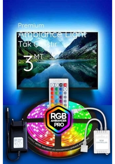 3 Metre Tv Arkası Tak Çalıştır Rgb Led 16 Renkli 4 Animasyonlu Yatak Odası Mutfak Lambader Açık Gri