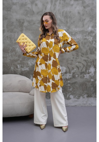 Polologin Butik Hardal Kahverengi Yaprak Desenli Tunik Hardal Kahverengi