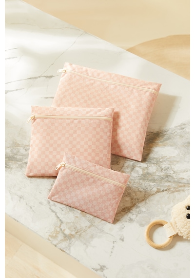Ocean Home Textile 3'lü Su Geçirmez Pvc Astarlı Pembe Dama Desen Islak Kuru Çantası 20 X 13 / 24 X 20 / 30 X 24 Cm