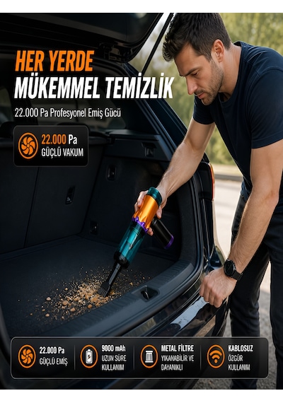 22000pa 220w Ultra Güçlü 9000mah Kablosuz Araç İçi Süpürge Metal Filtreli 220ml Şarjlı Mini