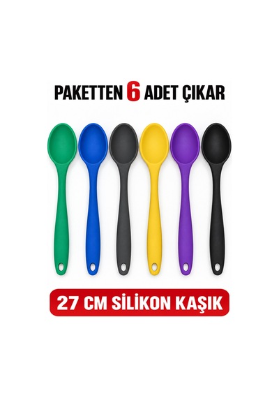 6'lı Set Yeşil Mavi Antrasit Sarı Mor Siyah, Büyük Boy Silikon Kaşık Seti 27 Cm Mutfak Servis Kaşığı
