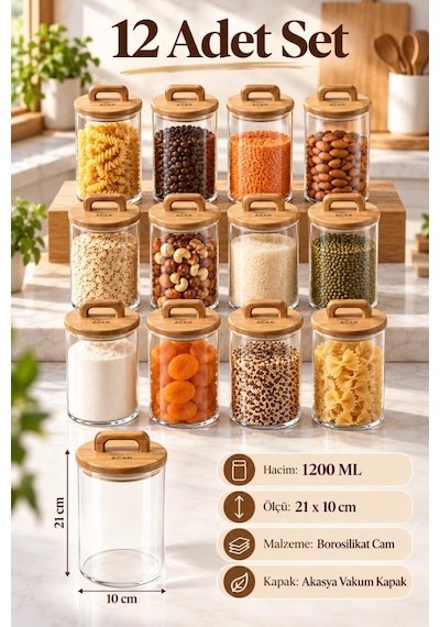 Atbyhome 12'li Kulplu Ahşap Kapaklı Düz Cam Kavanoz Seti 1200 Ml - Vakumlu Borosilikat Erzak Bakliyat Kabı Ahşap - Şeffaf
