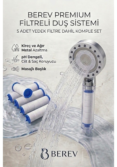 Filtreli Duş Başlığı 5 Yedek Filtre Su Arıtmalı, Klor Ve Kireç Önleyici, Yüksek Basınçlı Krom