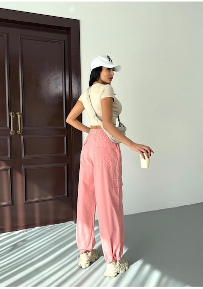 Zeo Basic Paraşüt Kumaş Kargo Cepli Bel Ve Paça Lastikli Pantolon Pembe Pembe