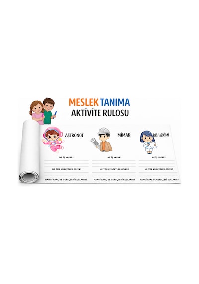 Meslek Tanıma Aktivite Rulosu 5 Metre Eğitici Boyama Ve Yazı Çalışması Astronot, Mimar, Diş Hekimi