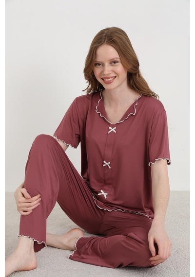 Elitol Bamboo Örme Fiyonklu Kadın Pijama Takımı Kahverengi