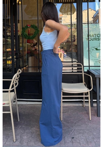 Madmext İndigo Yüksek Bel Keten Wide Leg Pantolon Mg2718