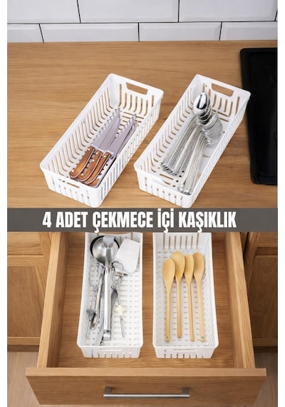 4 Lü Beyaz Mutfak Çekmece Düzenleyici Kaşık Çatal Bıçak Organizatörü Plastik Saklama Kutusu Plasti Diğer