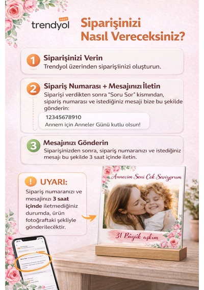 Kişiye Özel Anneler Günü Fotoğraflı Pleksi & Cam Tablo 20x20 Cm Ahşap Ayaklı