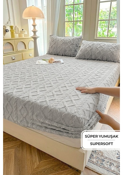Süper Yumuşak Jakar Kadifemsi Peluş Lastikli Fitted Çarşaf Seti Kaymaz Tek/çift Kişilik Gri Açık Gri